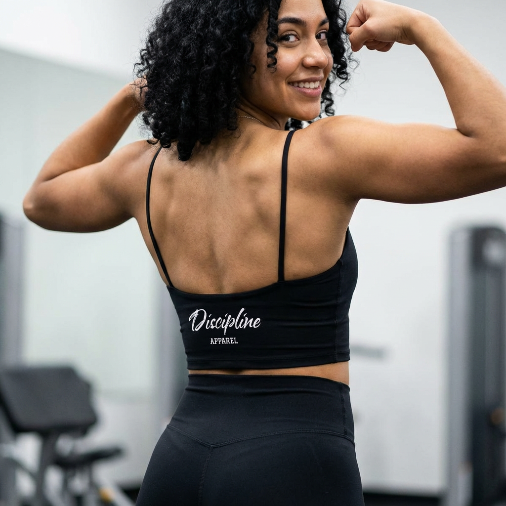 Women's Luxe Bra — Black Cropped Strappy Sports Bralette with 'Discipline Apparel' Back Logo
